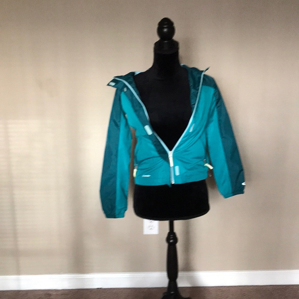 turquoise polyester jacket with hoodie